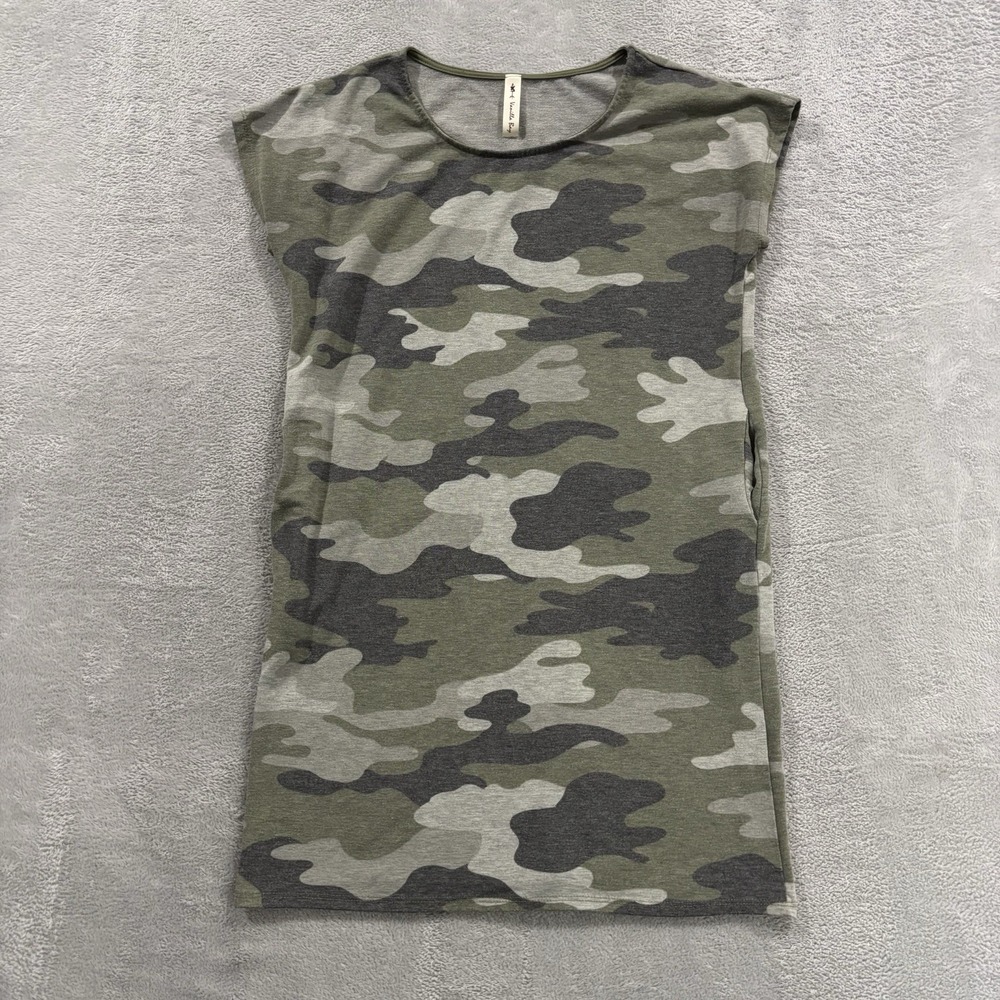 Vanilla Bay Sleeveless Shirt Dress Women's Large Pockets Cotton Green Camo